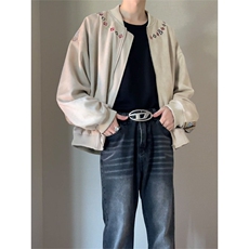 民族风字母刺绣夹克男女秋复古宽松棒球领百搭休闲情侣款WY6817，男装民族服装，星座516A