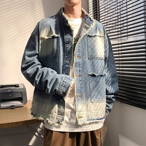 高街毛边牛仔外套男韩版潮流渐变色个性2023秋冬ins夹克W5020-P62,怎样搭配浅色牛仔衣图片