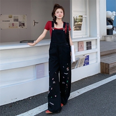减龄短T恤刺绣牛仔背带裤套装女2025夏季新款学院风阔腿裤两件套，女装套装/套裙，2C260