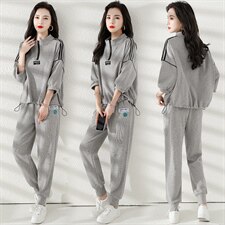 灰色运动服套装女夏薄款七分袖2025年韩版宽松休闲时尚卫衣两件套，女装套装/套裙，梦懿尔