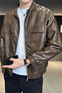 B353 PY3298 P140 咖啡秋季新款男士立领皮夹克韩版潮流百搭外套图片