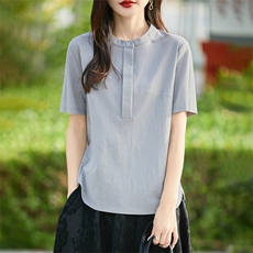 天丝棉麻立领短袖衬衫女夏季新款简约纯色百搭半开领半袖宽松上衣，女装衬衫，臻维羊绒