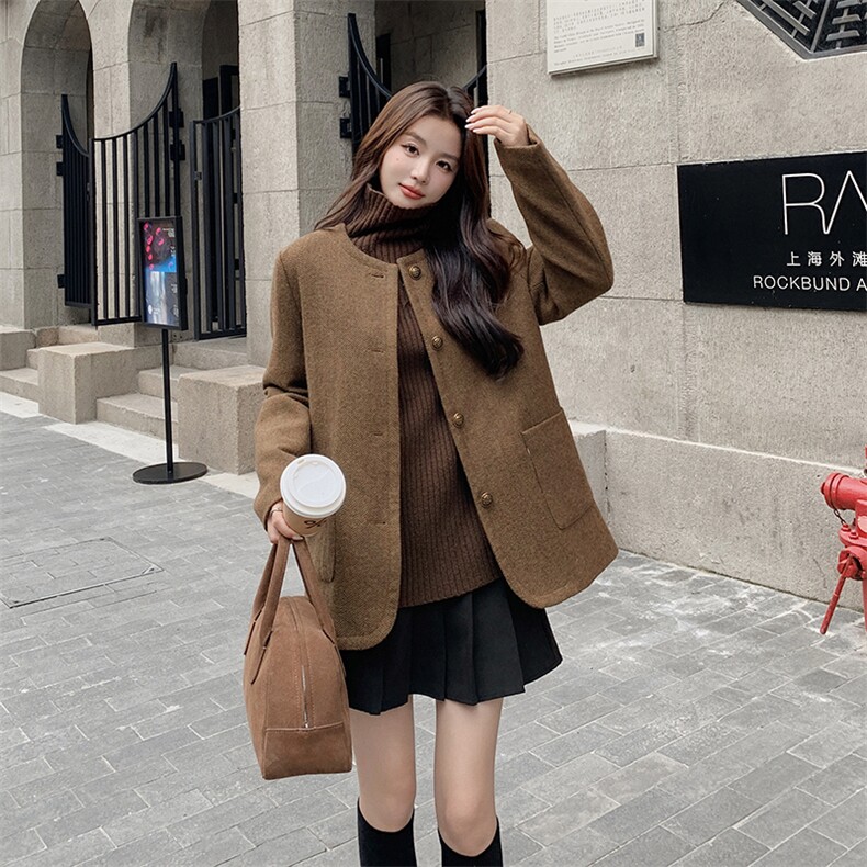 时尚百搭秋冬新款毛呢外套女显瘦气质短款大衣优雅复古风,女装短外套,秋水欣儿