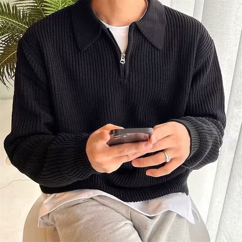 M27-P47翻领毛衣男士修身套头针织衫男休闲拉链上衣英伦商务外套,男装T恤,电商B323A