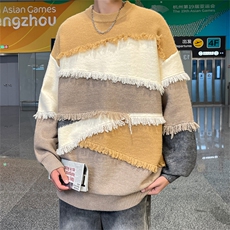 M8165/P75冬季新款韩系复古慵懒?宽松感拼色流苏软糯羊针织毛衣，男装针织衫/毛衣，电商A141