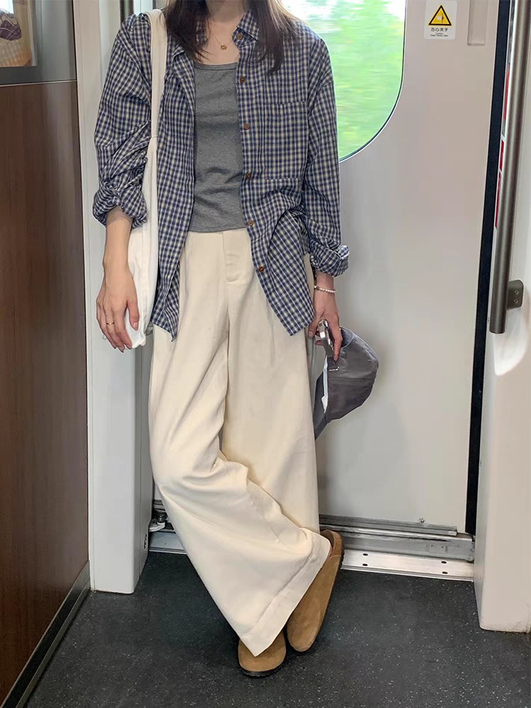 蓝色格子休闲百搭慵懒风宽松显瘦防晒上衣衬衣图片