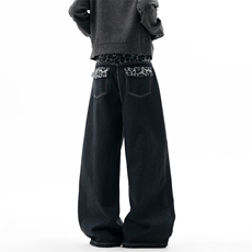 【现货】XZ1218BKN015特价P54潮豹纹腰头拼接高街阔腿牛仔裤，男装牛仔裤，星座1218（原611-3）