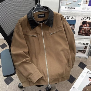 拼接翻领工装外套男款水洗夹克小众高级感垫肩棒球服百搭7712 P75图片