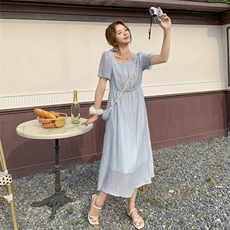 法式蕾丝蓝色连衣裙女2025夏季新款拼接方领超好看独特漂亮裙子，女装连衣裙，2D045