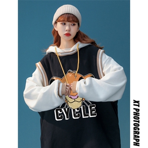 中性风22秋季卡通小老虎印花假两件情侣连帽重磅卫衣B180P65控78,藏青竖条纹衬衫搭配图片图片
