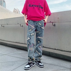 vibe美式复古高街针缝破洞牛仔裤男欧美潮牌嘻哈直筒宽BK41-P73，男装牛仔裤，星座1109-3