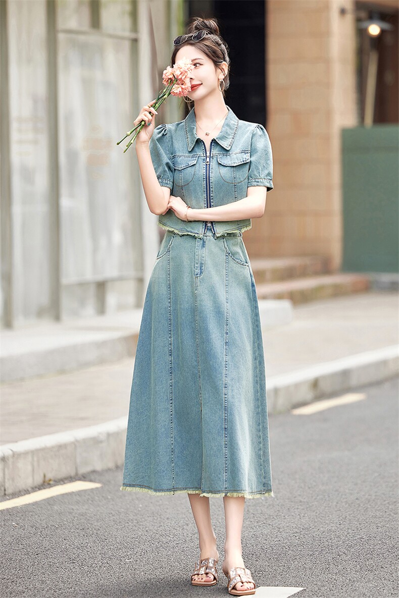 大量现货！短袖牛仔套装女2024夏季新款女装两件套时尚套装裙子,女装套装/套裙,慧尚依恋