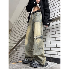 牛仔裤男款夏季美式高街vibe宽松直筒阔腿裤休闲长裤N806-P53，男装牛仔裤，星座308B-1