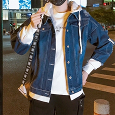 男式牛仔假两件破洞牛仔外套休闲个性潮流连帽夹克J，男装夹克，电商B226-2（原B217-2）