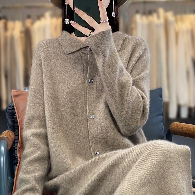 POLO领羊毛开衫女百搭打底外套叠穿衬衣纯色针织开衫毛衣外穿上衣,女装连衣裙,蒙莲贝斯