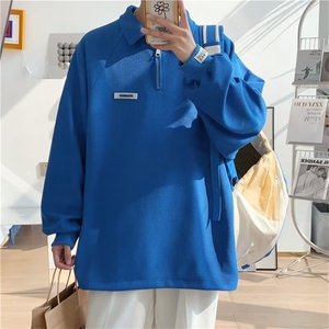 半拉链插肩袖卫衣男春秋克莱因蓝情侣华夫格POLO衫外套 W3571-P36图片