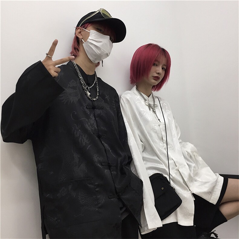 WE1897-P45新中式潮复古暗龙纹盘扣风禅意衬衫，男装衬衫，电商B323A