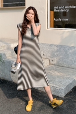 现货新款韩版宽松休闲显瘦无袖条纹连衣裙-2d075-p115-k165，女装连衣裙，2D075