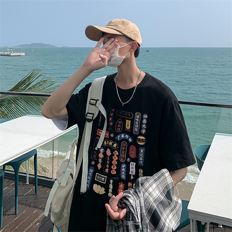 港风t恤男短袖潮流宽松复古吃货文字印花半袖体恤衫T100p35限49,男装T恤,电商A089-1