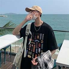 港风t恤男短袖潮流宽松复古吃货文字印花半袖体恤衫T100p35限49，男装T恤，电商A089-1