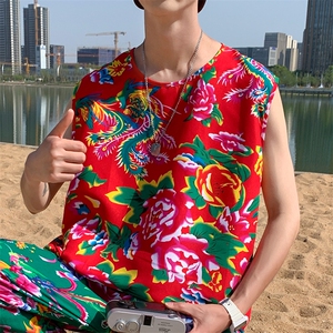 夏季大码东北大花布男背心坎肩运动马甲男装风民族牡丹花MJ01图片
