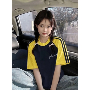 夏季美式高街重磅纯棉三条杠织带插肩撞色男女短袖T恤 CZ25-特P25图片
