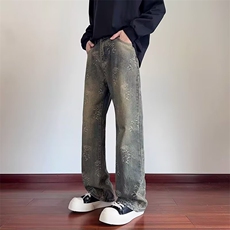 GK883-P42春季美式休闲痞帅水洗复古泼墨牛仔裤男直筒宽松，男装牛仔裤，电商B323A