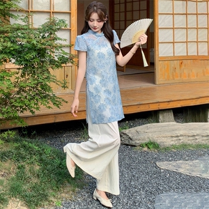 新中式g风套装女2026夏季流行复古印花盘扣旗袍上衣阔腿裤两件套图片