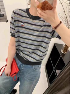 -彩色斑马精纺羊毛条纹圆领短袖图片