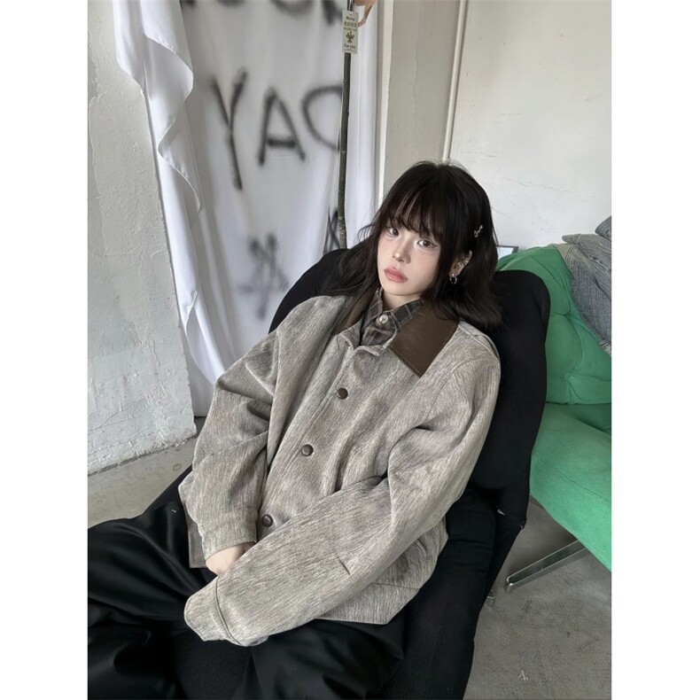 现货 自制 卡其棕皮领雪尼尔夹克 宫廷味图片