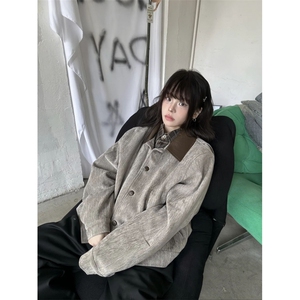 现货 自制 卡其棕皮领雪尼尔夹克 宫廷味图片