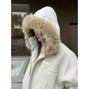 麻灰色座山雕毛领棉服外套男女款冬季毛呢加厚防风情侣装连帽棉衣图片