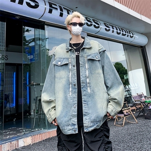 美式复古重工水洗直角垫肩牛仔夹克外套高级感上衣潮JK01220-P70,黑阔腿牛仔裤搭配鞋子图图片
