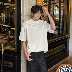 GC0263-P38潮牌街头钉珠小众纯棉重磅t恤短袖男痞帅百搭宽松上衣，男装T恤，电商C233