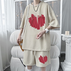 休闲时尚套装男华夫格运动oversize潮牌短袖设计感情侣装短裤夏季，男装T恤，星座1904A-1