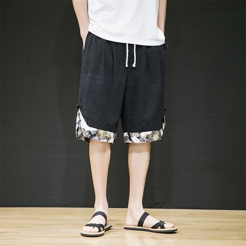 2025春季风新款原创拼接腾云野鹤盘扣休闲短裤灰色DK91-P45，男装牛仔裤，电商B277A（原A068）