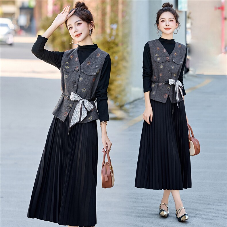 轻奢高级感马甲两件套连衣裙女2025秋季新款气质洋气中长网纱裙子，女装套装/套裙，悠米