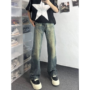【有货】DT69-P50美式复古做旧水洗黄微喇叭牛仔裤男宽松直筒裤图片
