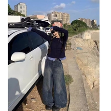 美式高街弯刀阔腿直筒牛仔裤男女小众宽松潮牌痞帅炸街裤子，男装牛仔裤，星座506A