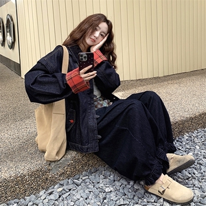 休闲丝巾格纹拼接牛仔上衣阔腿裤套装女2025秋新款减龄高级两件套图片