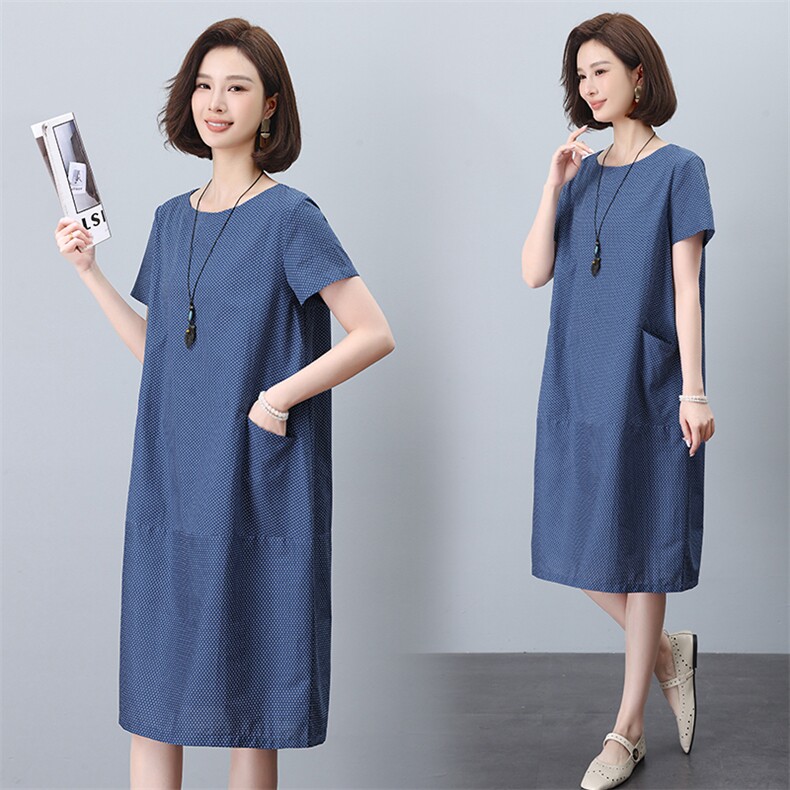 圆点连衣裙女2024新款夏季宽松全棉直筒裙显瘦妈妈遮肚子休闲裙子，女装连衣裙，依恋蒂丝