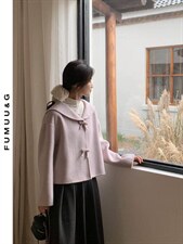 新款上新娃娃领色双面羊毛大衣女短款韩系百搭，女装双面呢大衣，依嘟服饰