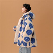 羊羔毛中性韩版笑脸加厚连帽棉衣棉服 216-2-BK51-P128控158 杏色图片