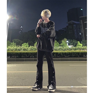 高街美式排扣牛仔裤拉链设计感直筒牛仔裤图片