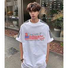 抖音得物高品质二开240克宽松纯棉美式潮牌三条杠织带短袖T恤，男装T恤，电商A486-1