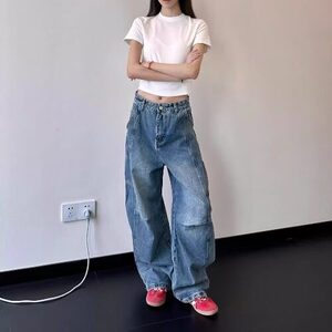 复古蓝宽松阔腿弯刀牛仔裤美式低腰垂感直筒镰刀拖地裤 NK1109图片