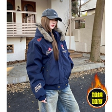 现货高品质美式高街重磅刺绣座山雕大毛毛领棉衣男女加厚棉服外套，男装棉衣，电商A486-1