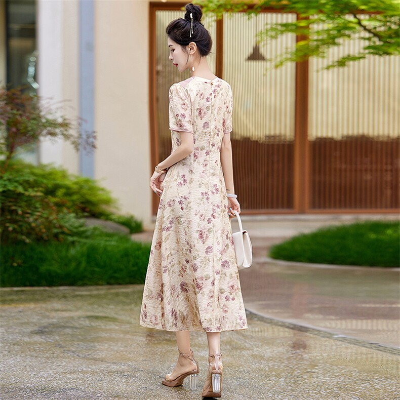 Acaine花楹曲/长款碎花长袖收腰连衣裙女夏季修身显瘦气质裙子,女装连衣裙,欣贝拉