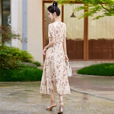 Acaine花楹曲/长款碎花长袖收腰连衣裙女夏季修身显瘦气质裙子，女装连衣裙，欣贝拉