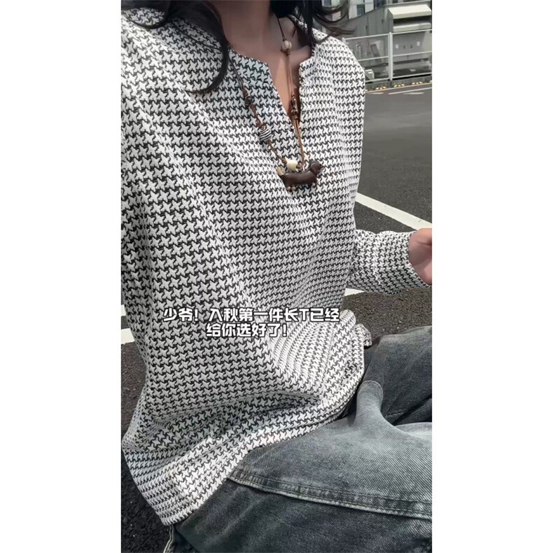 XZ809A/SYR13/特P24/控48千鸟格小香风V领长袖T恤卫衣,男装T恤,星座809A(原222-1)